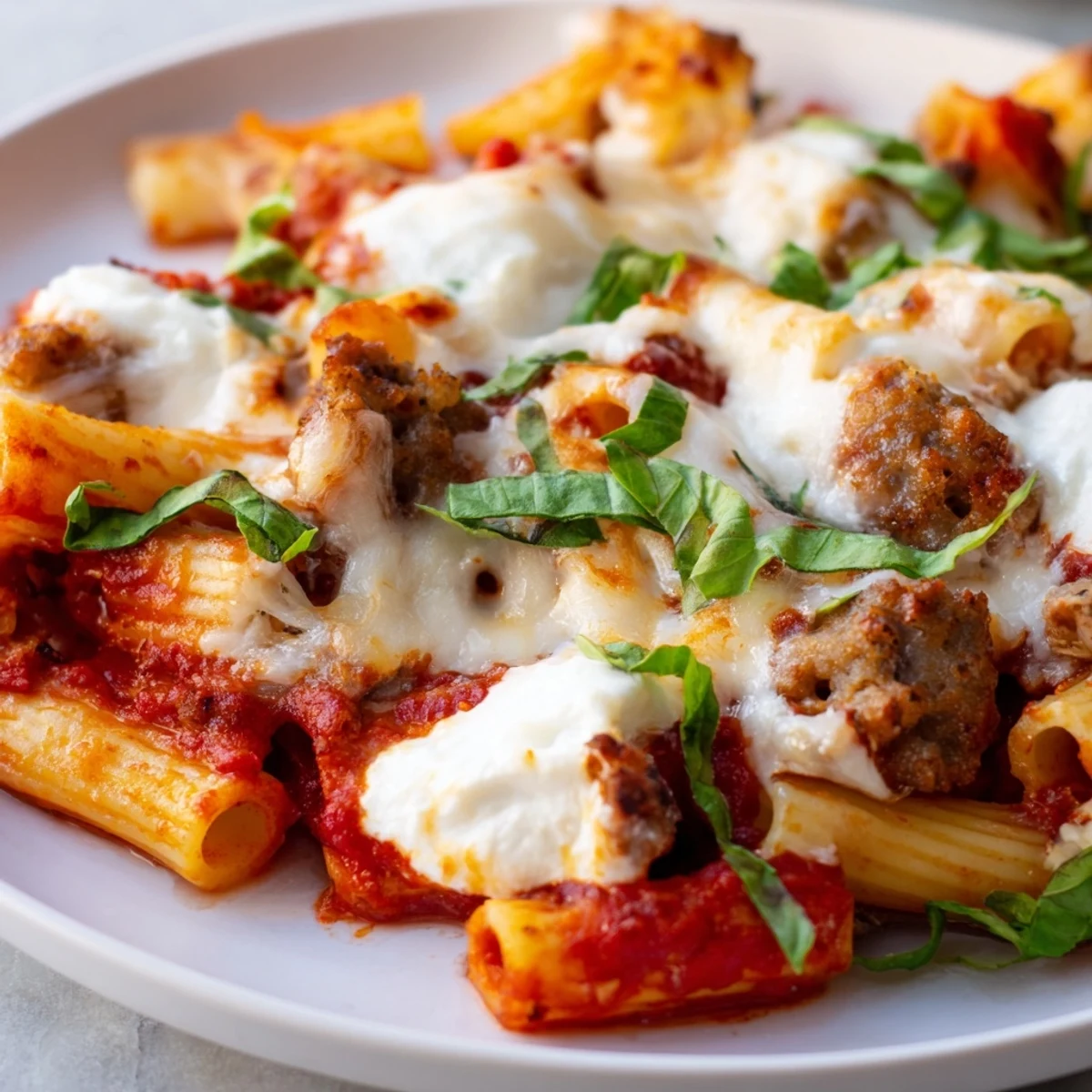 Golden brown slow cooker baked ziti with melted mozzarella and fresh basil garnish