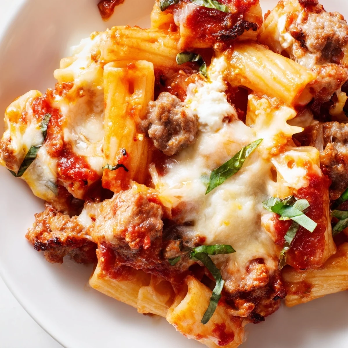 Heaping spoonful of comforting baked ziti showcasing three cheese blend and tender ziti noodles
