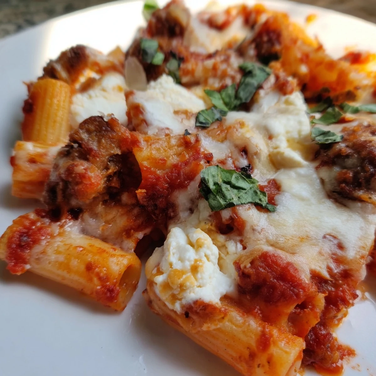 Creamy ricotta layered baked ziti pasta with savory Italian sausage in rich tomato sauce