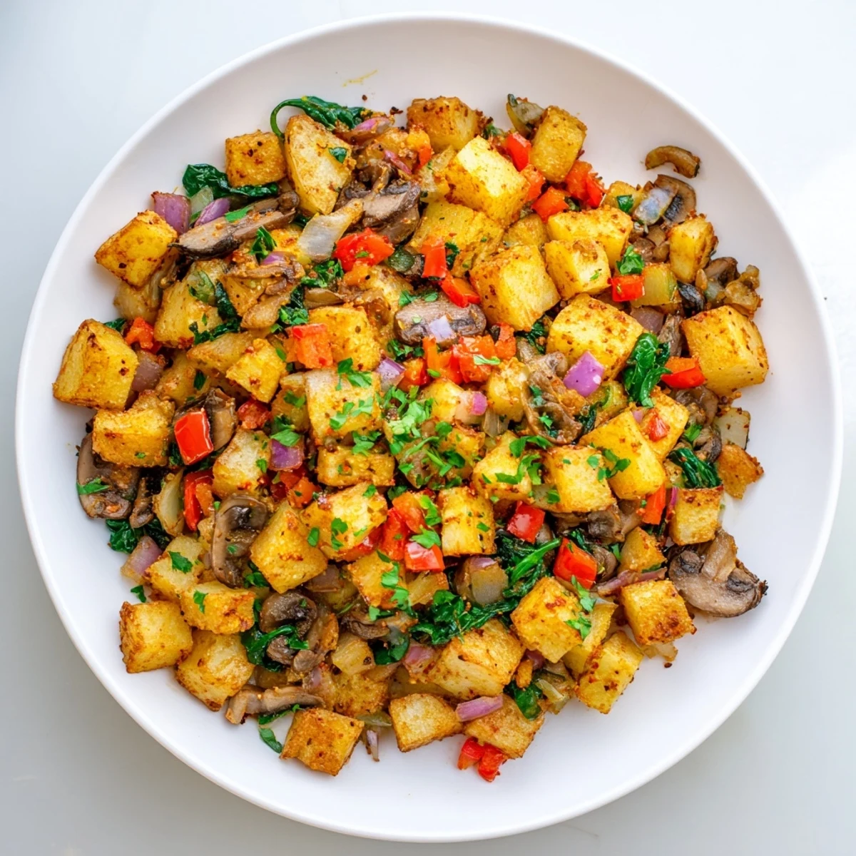 Hearty vegan breakfast hash sizzling in a skillet with red onions, mushrooms, and aromatic spices