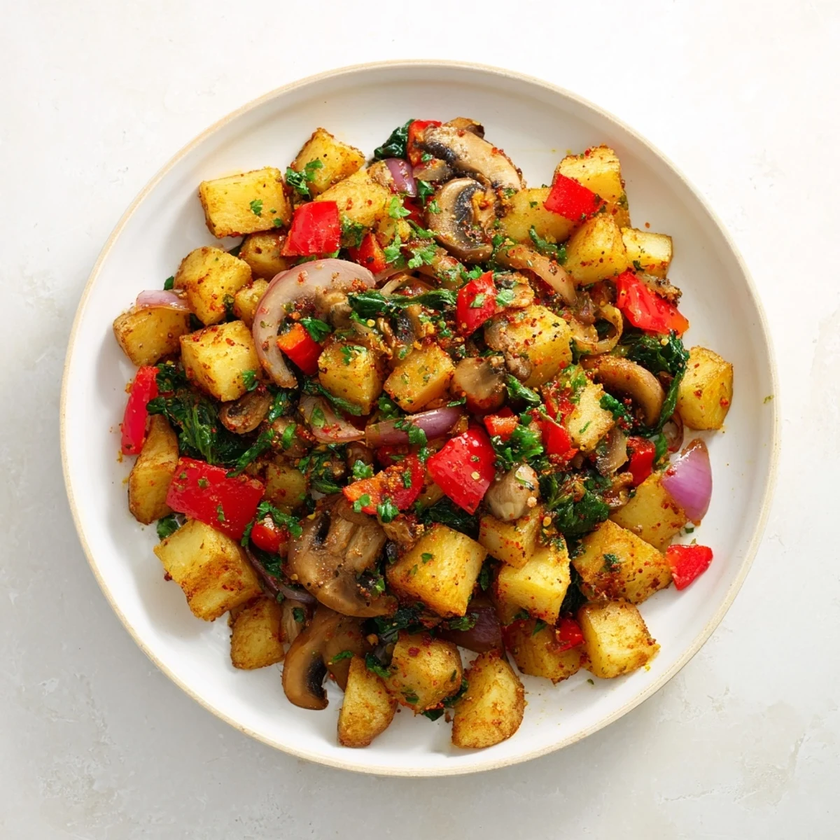 Golden crispy vegan breakfast hash loaded with colorful diced potatoes, bell peppers, and fresh spinach