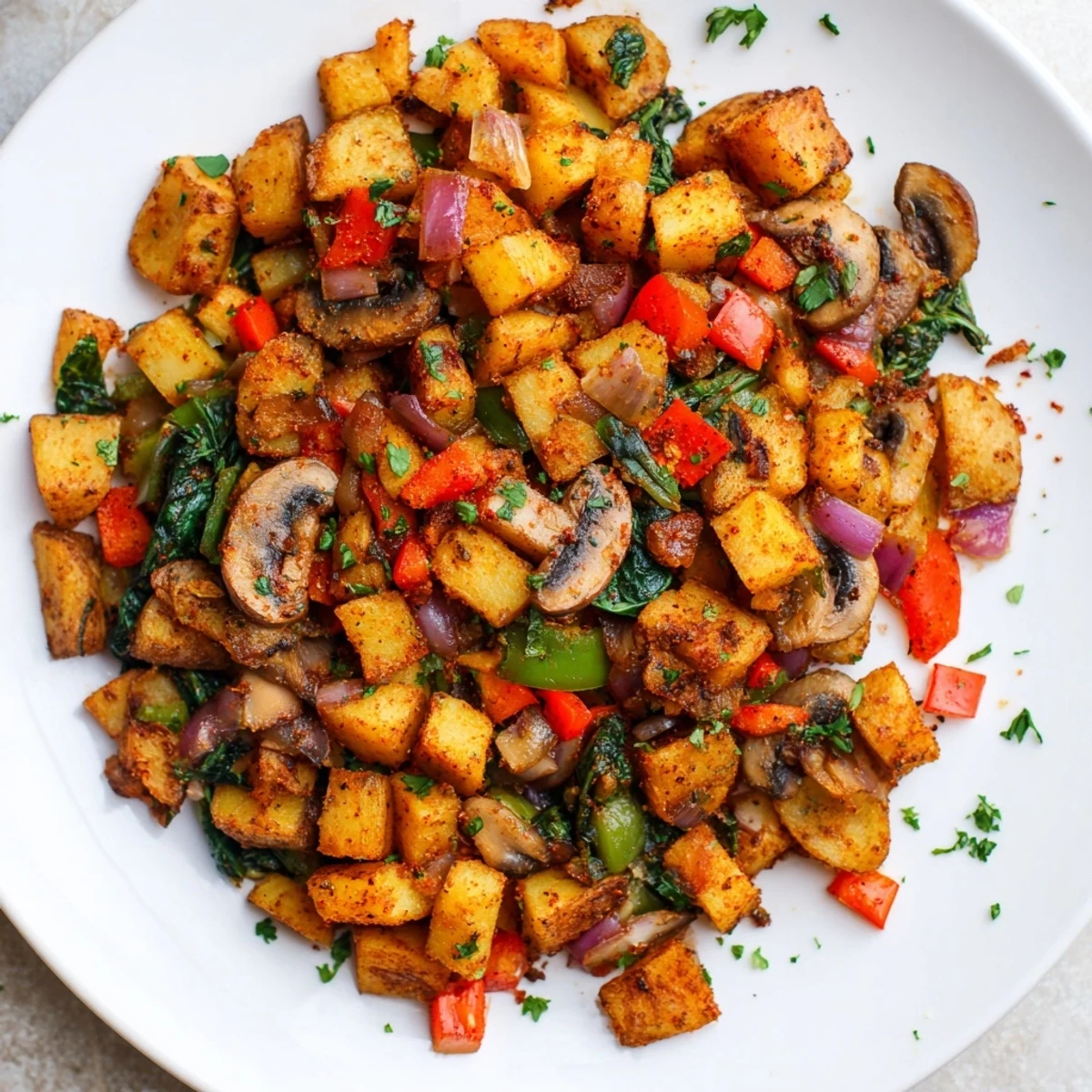 Flavorful vegan breakfast hash plated with garnish featuring tender potatoes and vibrant vegetables