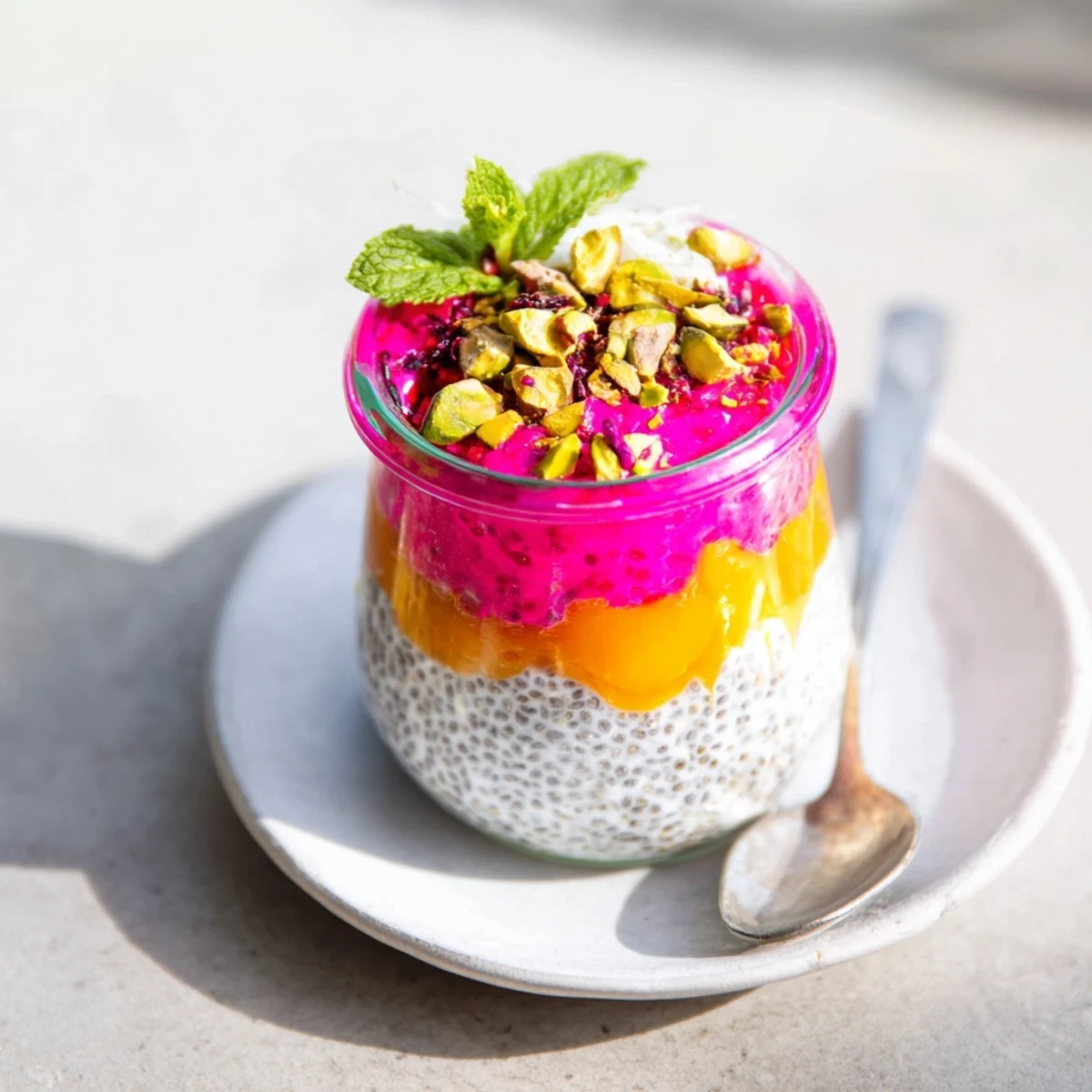 Tropical breakfast bowl featuring mango and dragon fruit chia pudding with vibrant pink and yellow fruit swirls