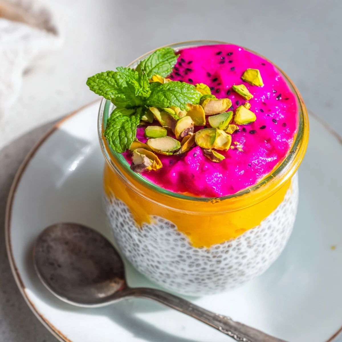 Colorful glass jar of mango and dragon fruit chia pudding layered with creamy coconut milk and fresh mint garnish