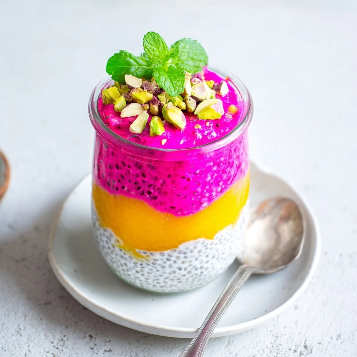 Vegan mango and dragon fruit chia pudding parfait in clear glass showing coconut milk layers with toasted coconut