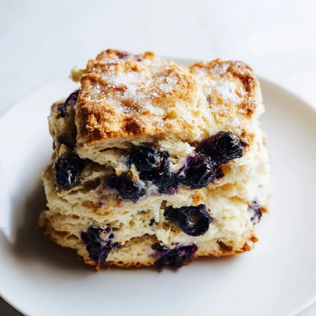 Tender homemade blueberry biscuits topped with coarse sugar alongside melting butter and honey