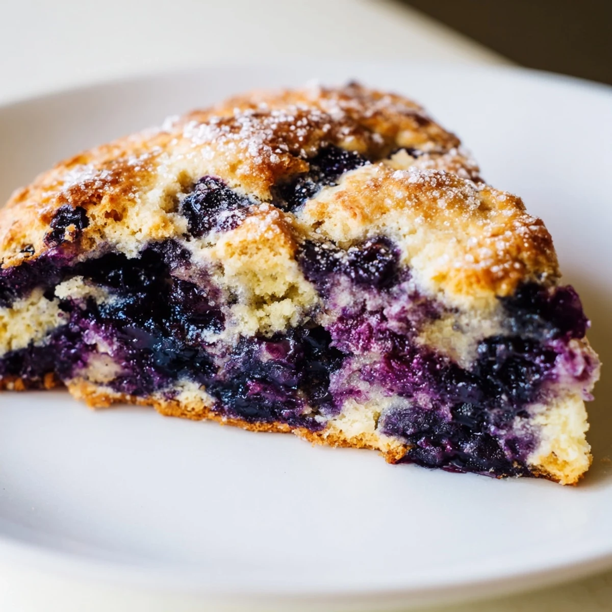 Freshly baked golden blueberry biscuits scattered with juicy berries on a rustic wooden board