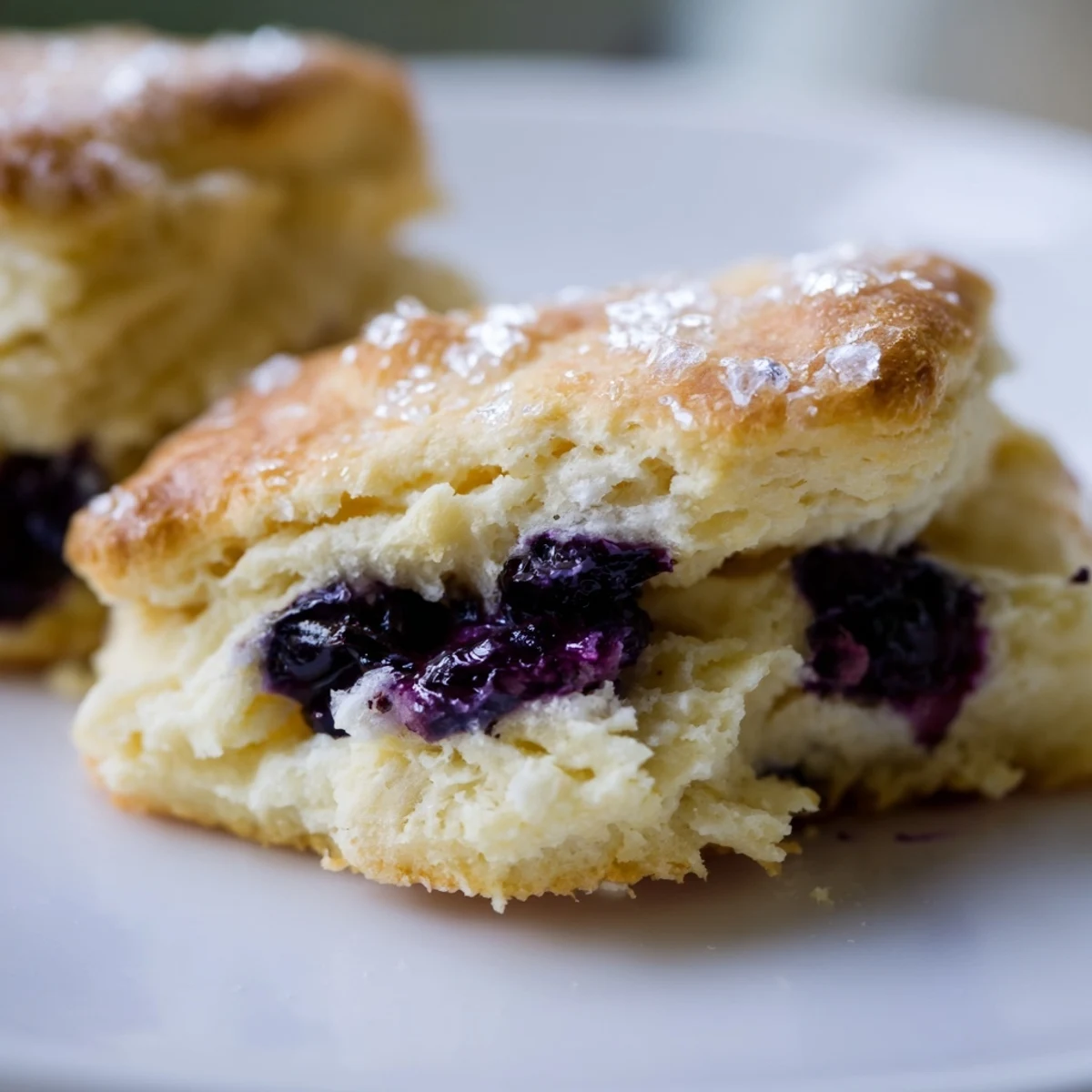 Warm flaky blueberry biscuits drizzled with sweet lemon glaze on a white serving plate