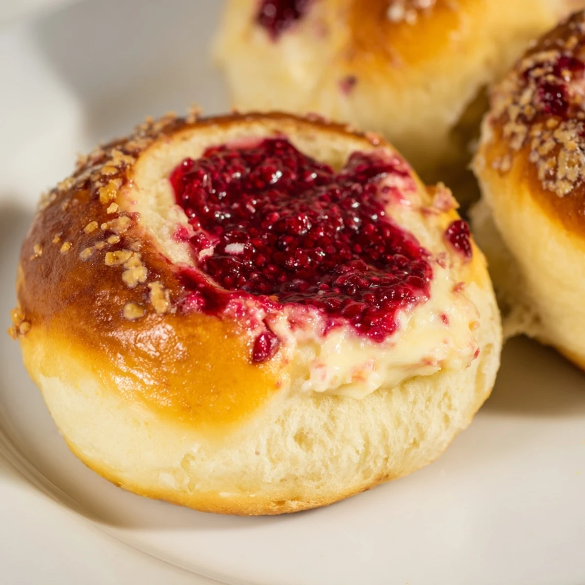 Golden raspberry and rose cheesecake buns with creamy centers and scarlet raspberry swirls