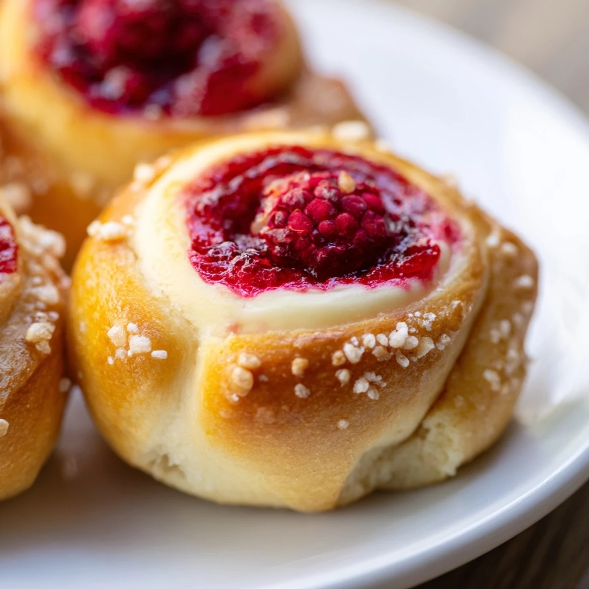 Soft pillowy raspberry and rose cheesecake buns topped with pistachios on a white plate