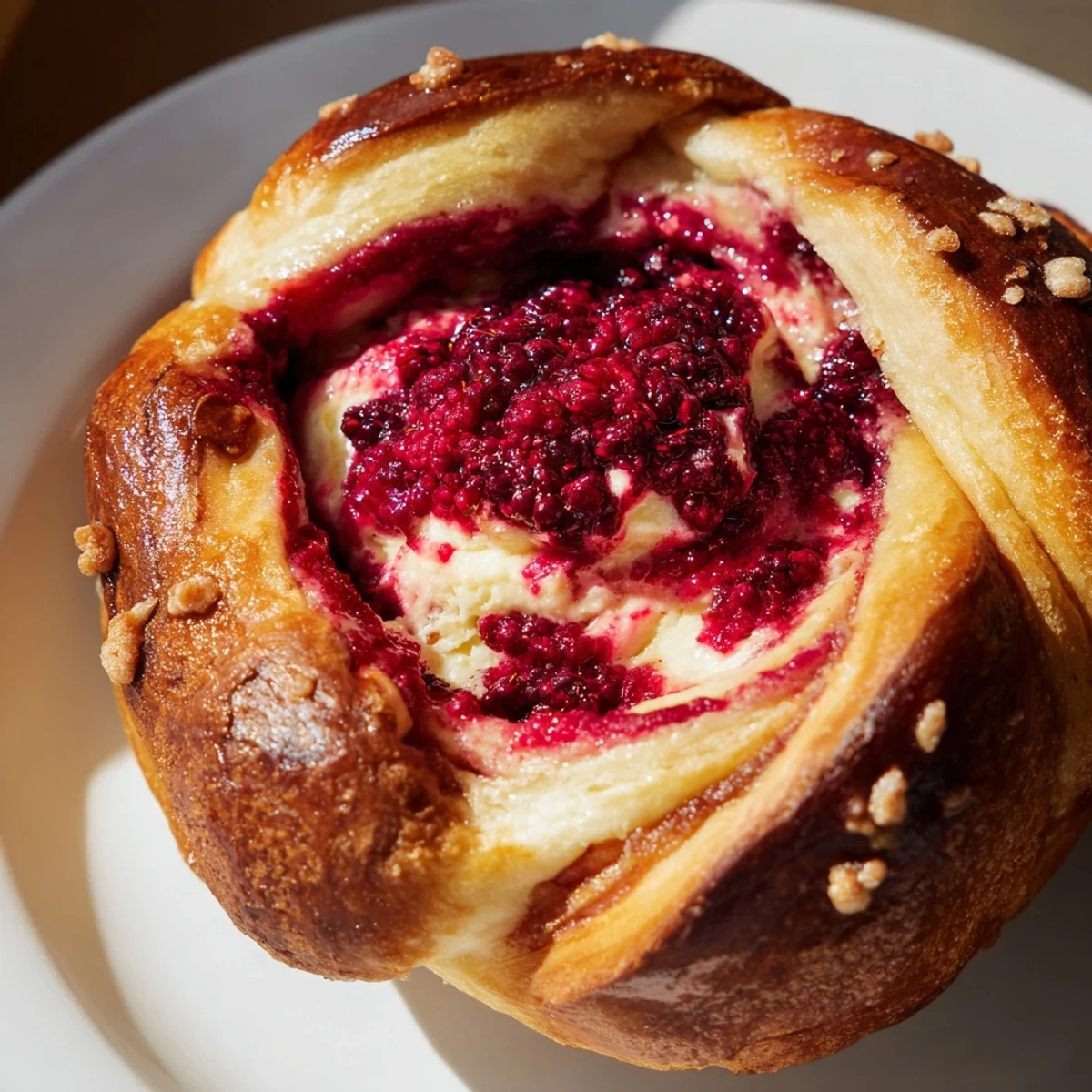 Freshly baked raspberry and rose cheesecake buns revealing sweet floral cream filling inside