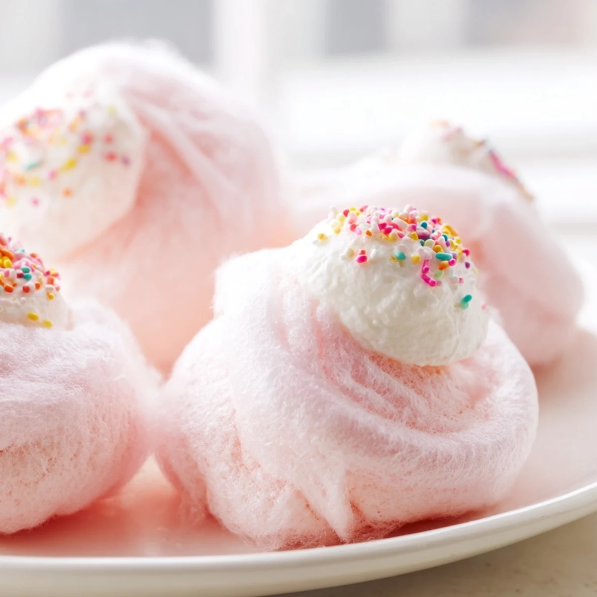 Creamy Mini Cotton Candy Cheesecake Puff Balls topped with colorful sprinkles for parties