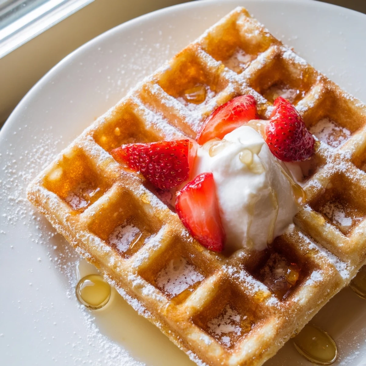 Golden brown Greek Yogurt Waffles stacked on a plate with fresh berries and maple syrup