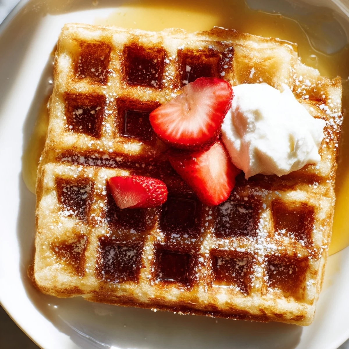 Crispy Greek Yogurt Waffles served warm with a pat of melting butter on top