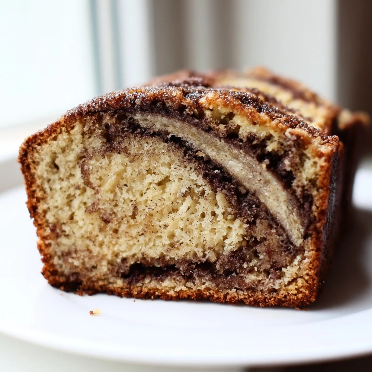 Cinnamon Sugar Swirl Banana Bread with golden crust and marbled cinnamon ribbons throughout moist tender crumb