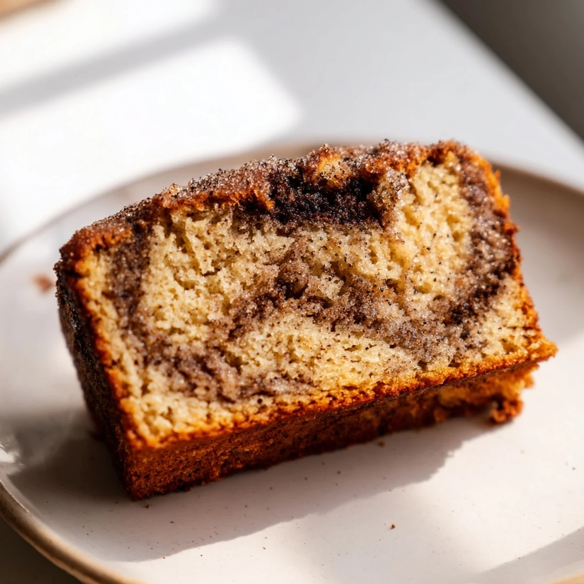 Warm slice of Cinnamon Sugar Swirl Banana Bread served on rustic wooden cutting board with butter
