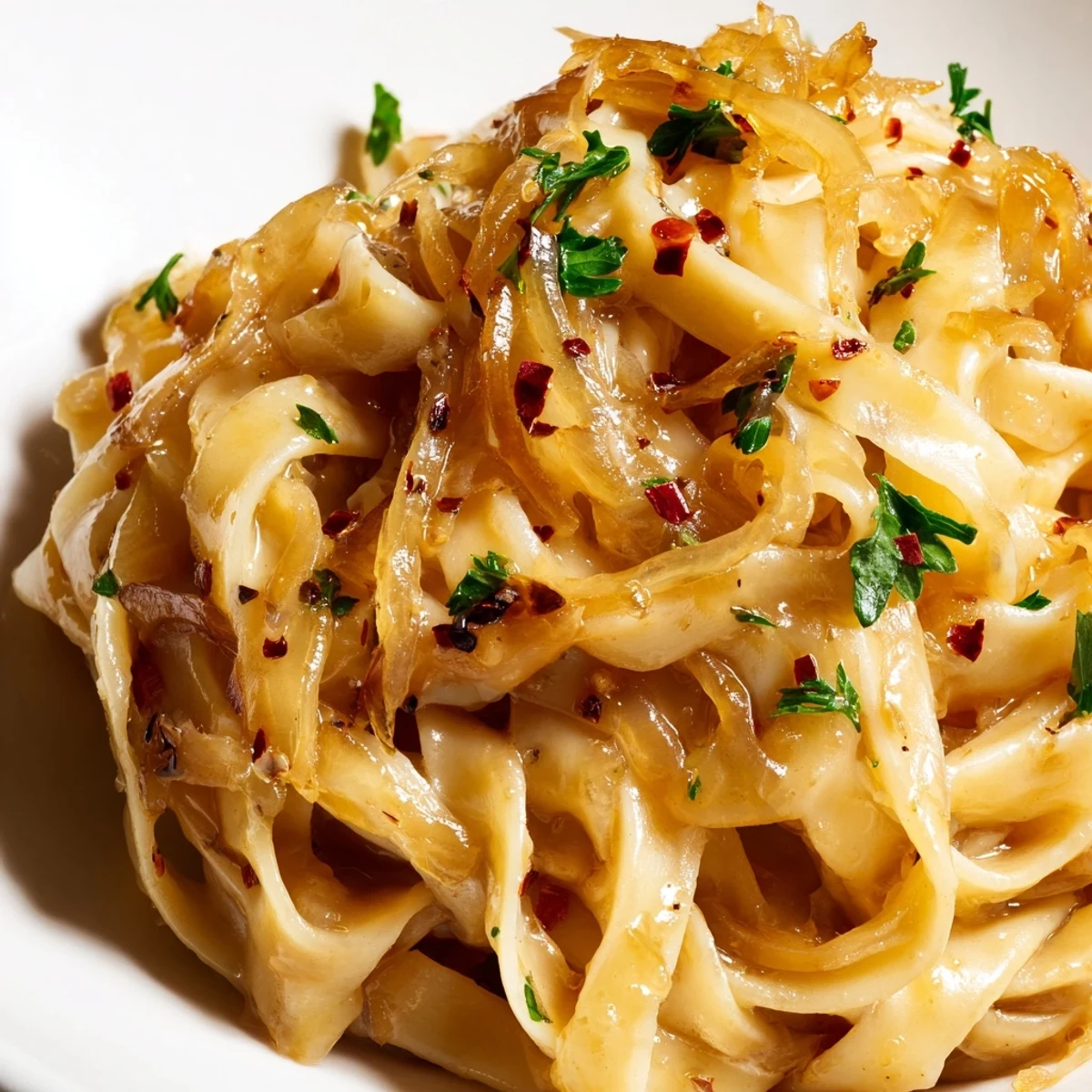 Creamy Sweet Heat Caramelized Onion Fettuccine tossed with golden onions and fresh parsley garnish