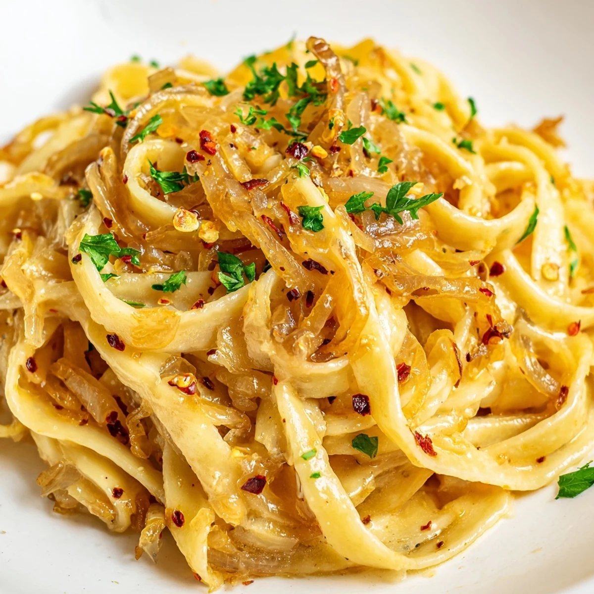 Sweet Heat Caramelized Onion Fettuccine in rich, velvety sauce topped with grated Parmesan cheese