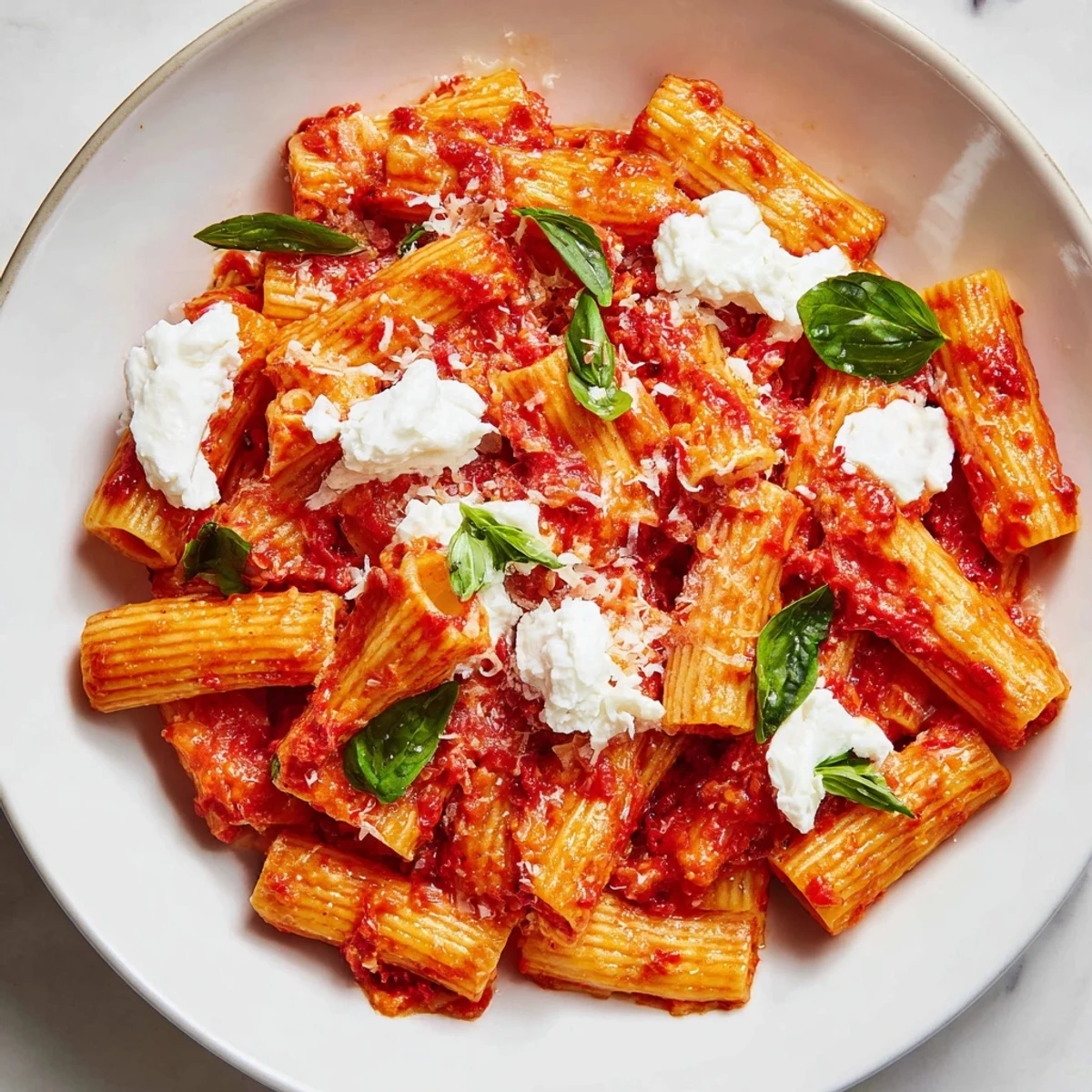 Creamy Tomato Garlic Ricotta Penne topped with fresh basil leaves on white plate