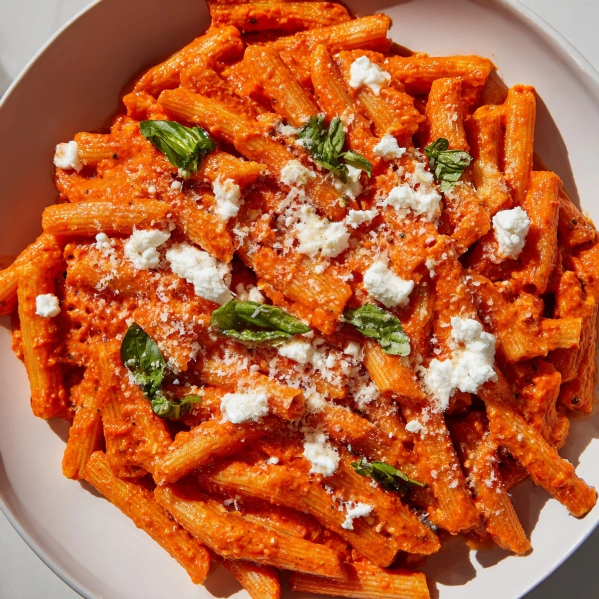Tender penne pasta coated in rich tomato garlic sauce with creamy ricotta swirls