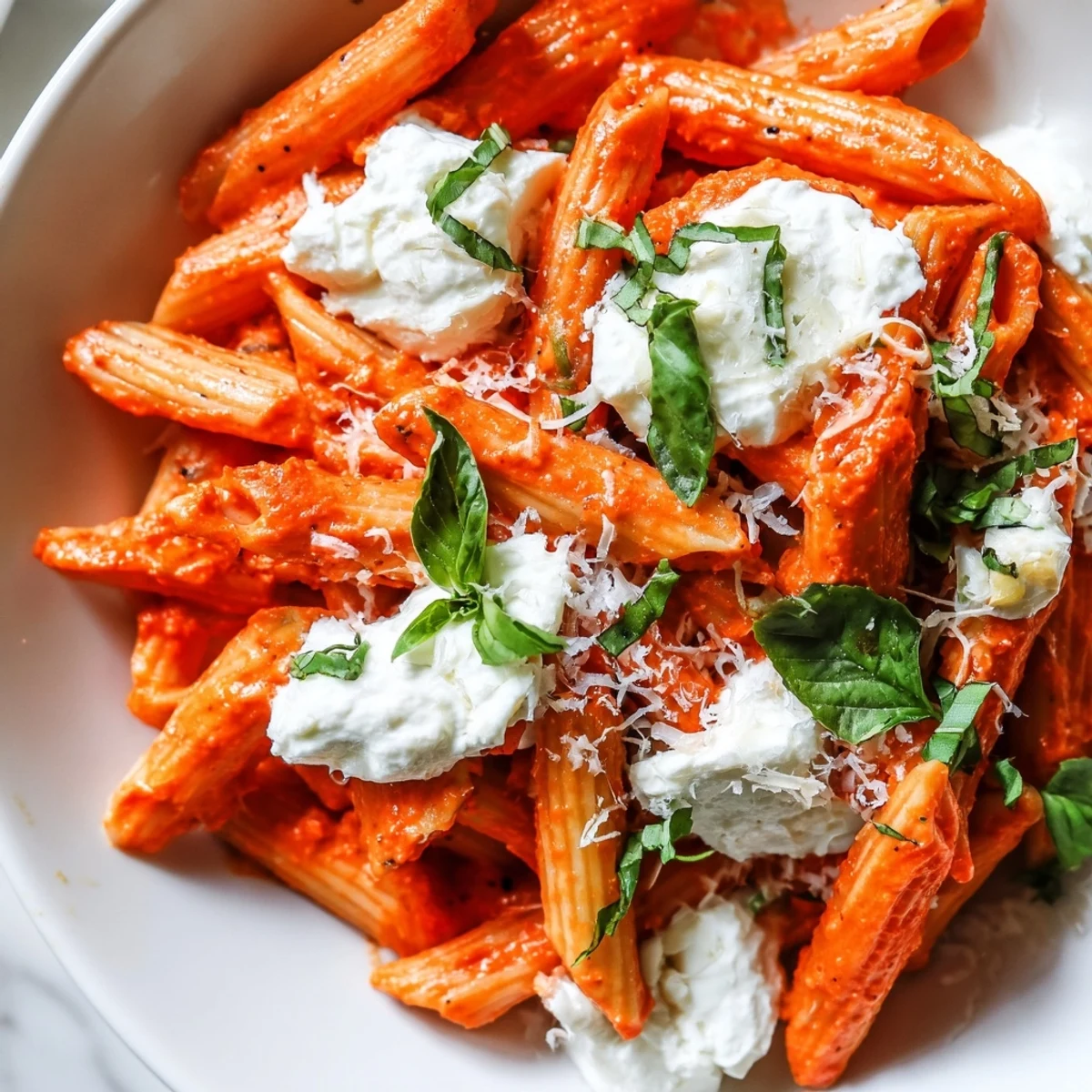 Steaming bowl of Tomato Garlic Ricotta Penne garnished with Parmesan and torn basil