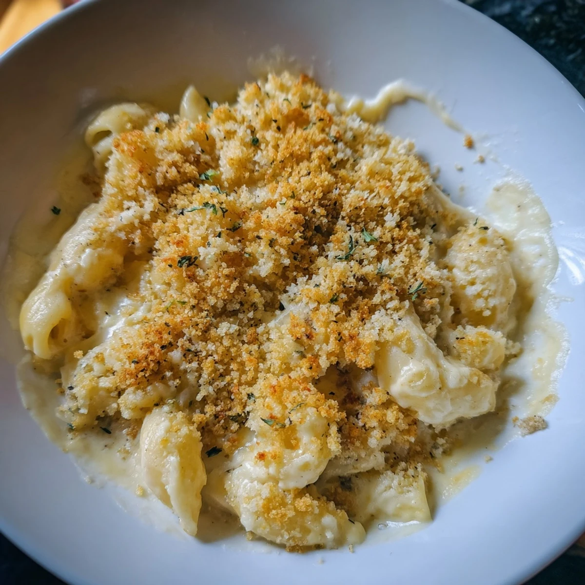 Golden bubbly three cheese baked macaroni with crispy panko topping fresh from the oven