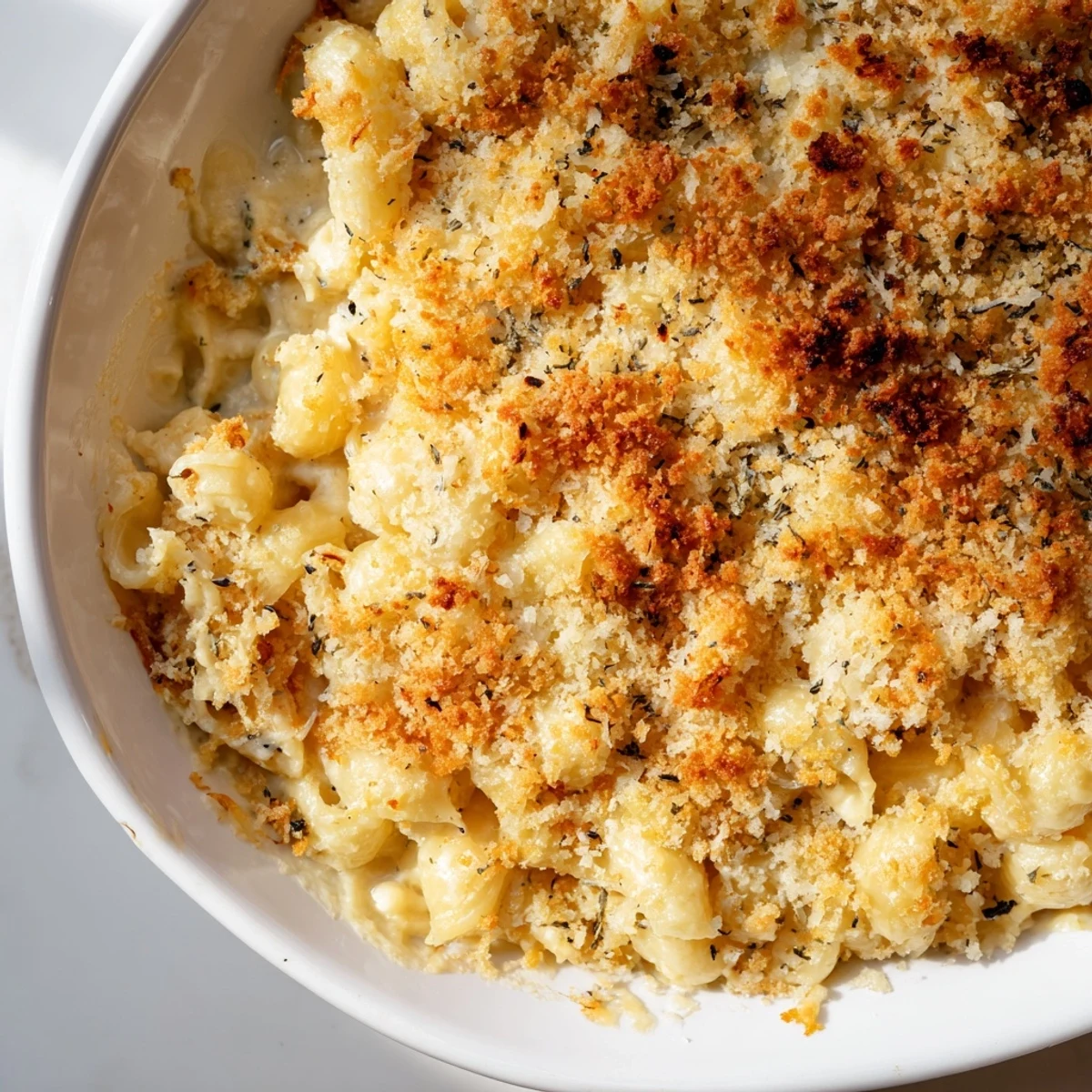 Creamy three cheese baked macaroni served steaming in a rustic ceramic casserole dish