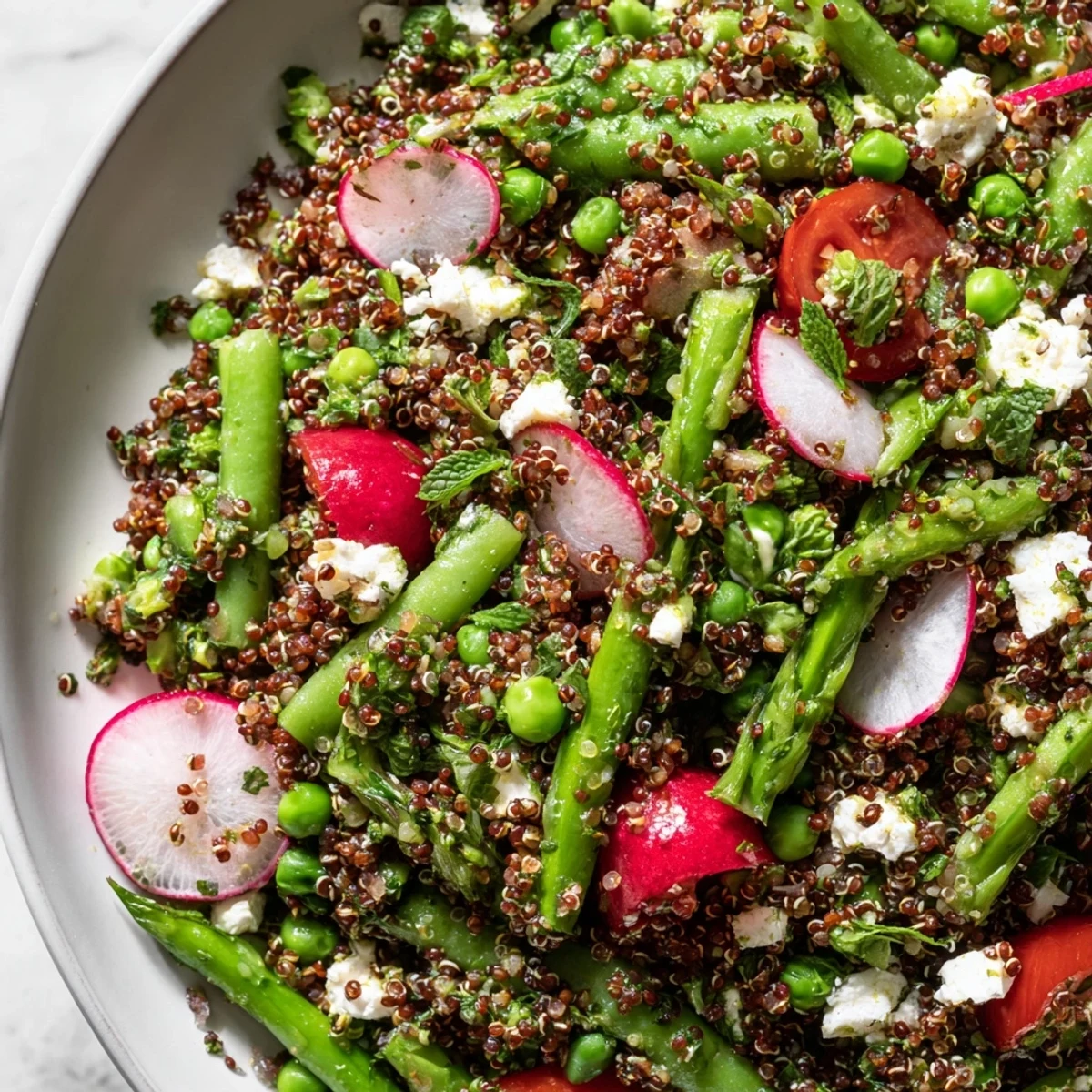 Spring vegetable quinoa salad in a white bowl with fresh herbs and lemon vinaigrette