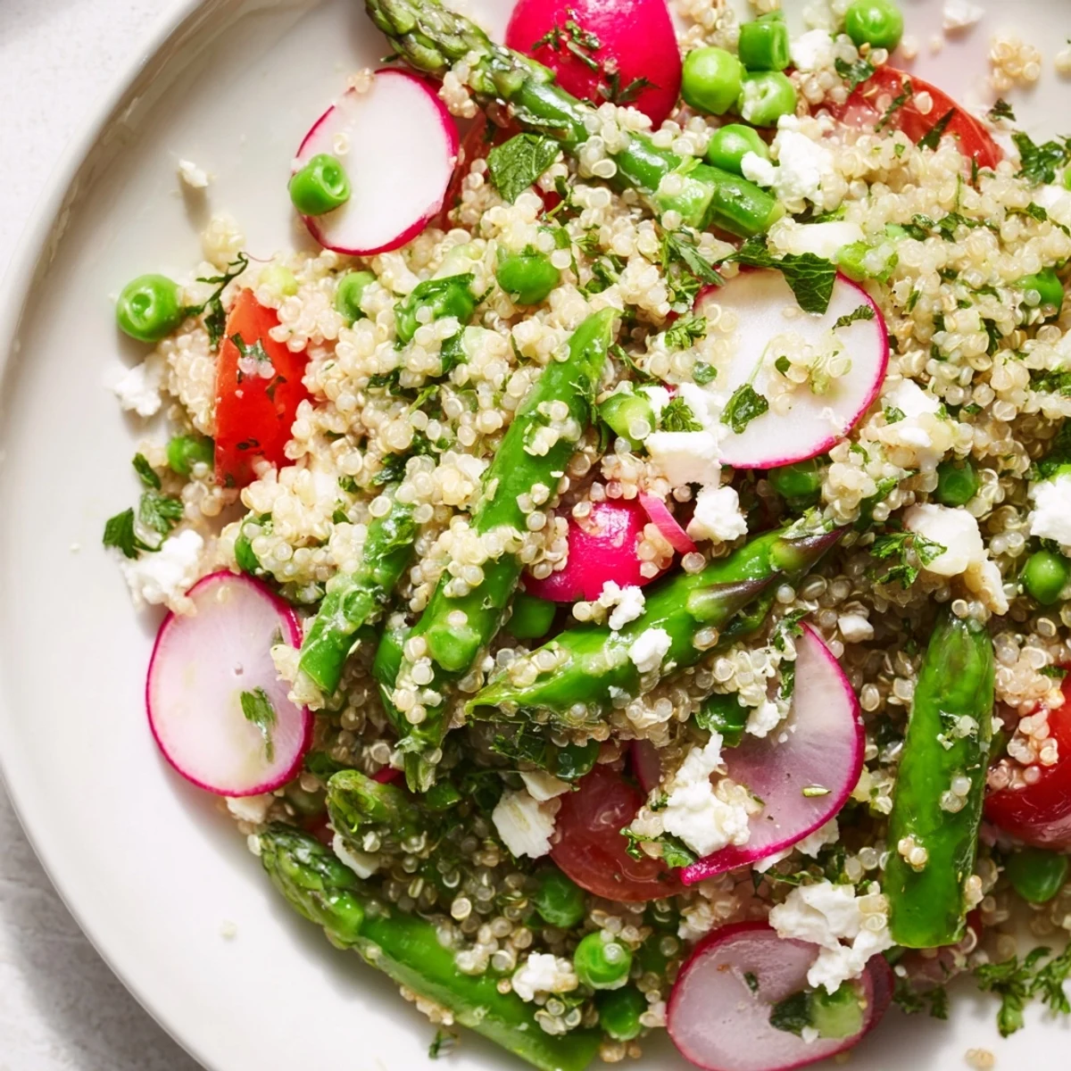 Colorful spring vegetable quinoa salad topped with crumbled feta and bright green asparagus