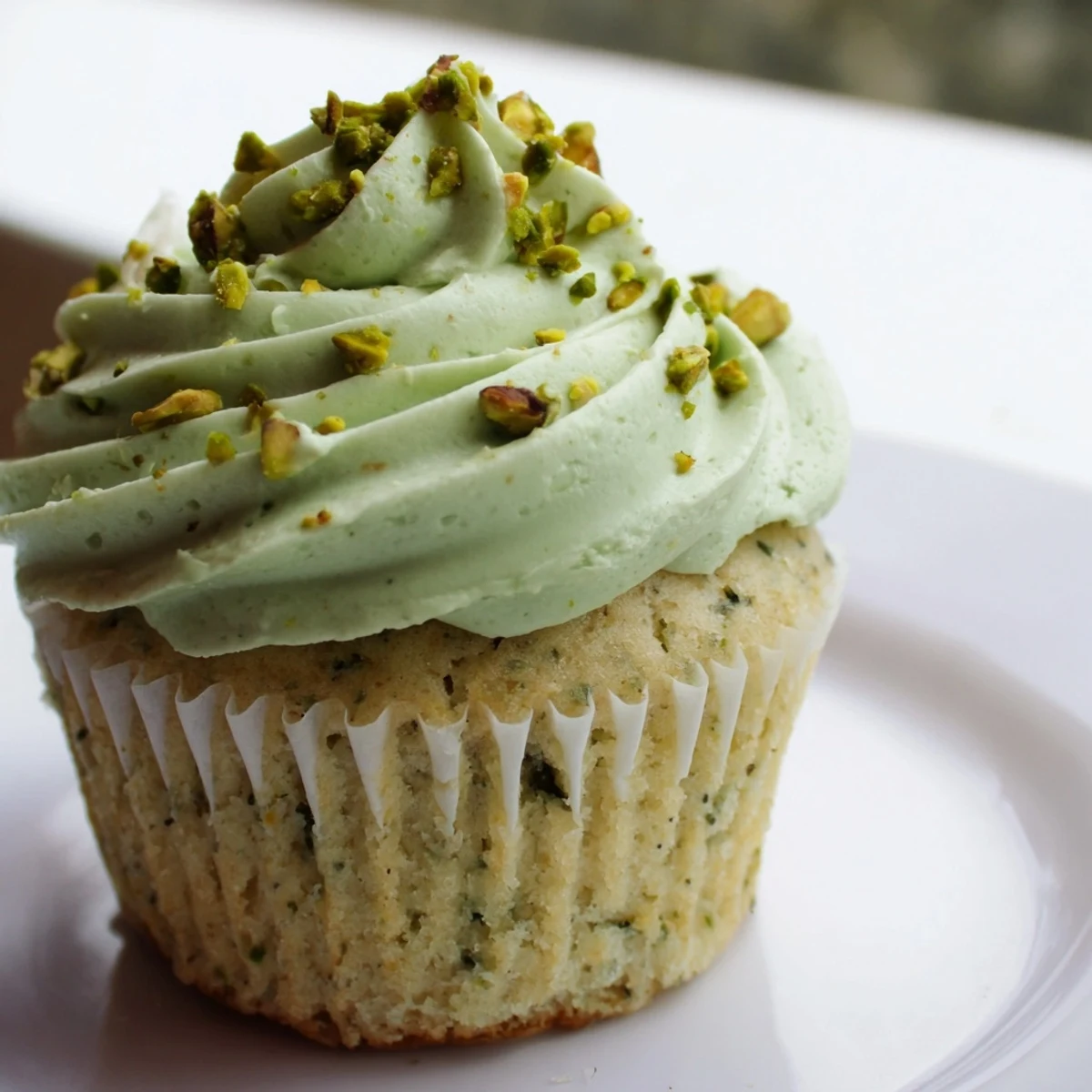 Soft pistachio cupcakes with creamy green buttercream frosting piped high on top
