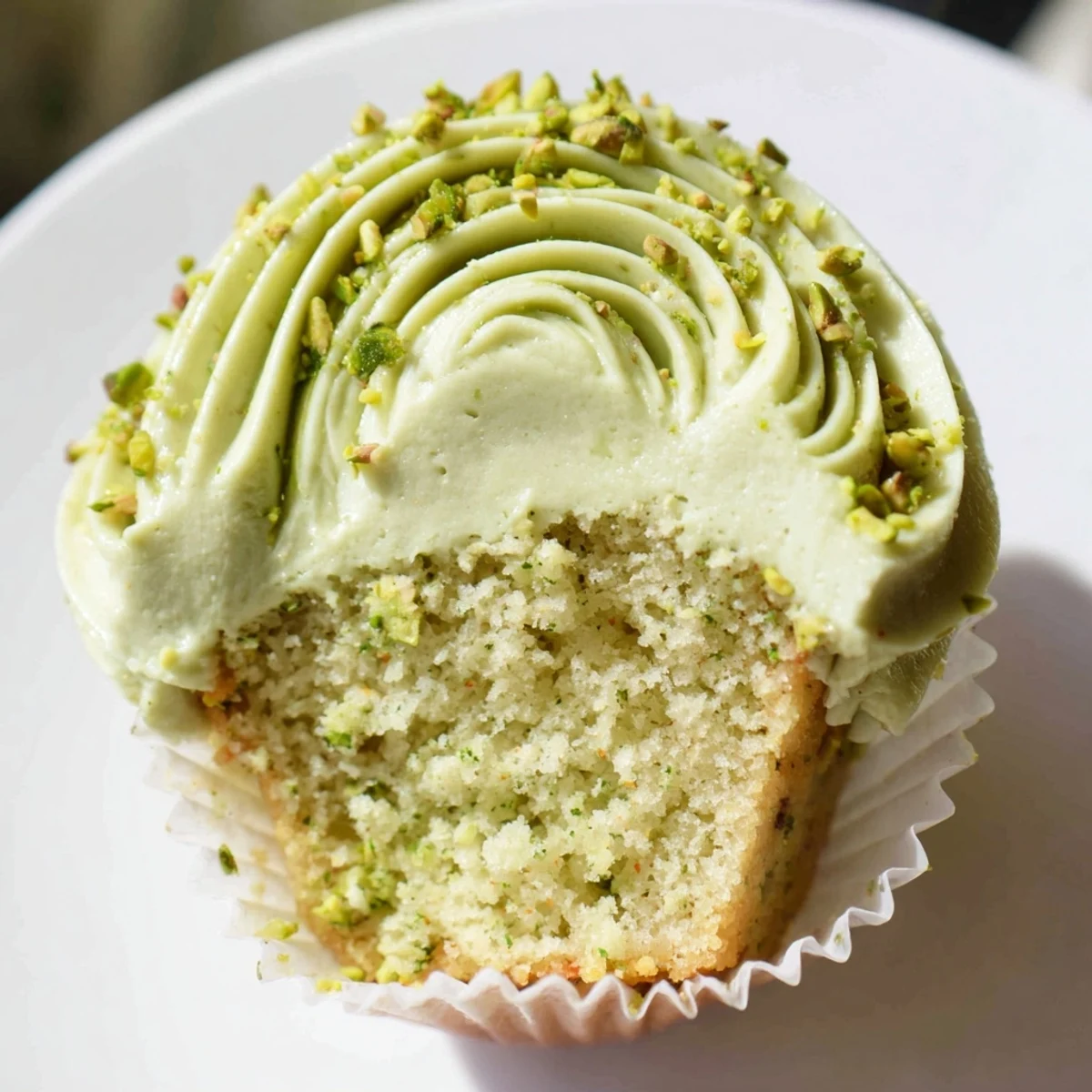 Moist pistachio cupcakes topped with velvety buttercream and sprinkled chopped nuts for garnish