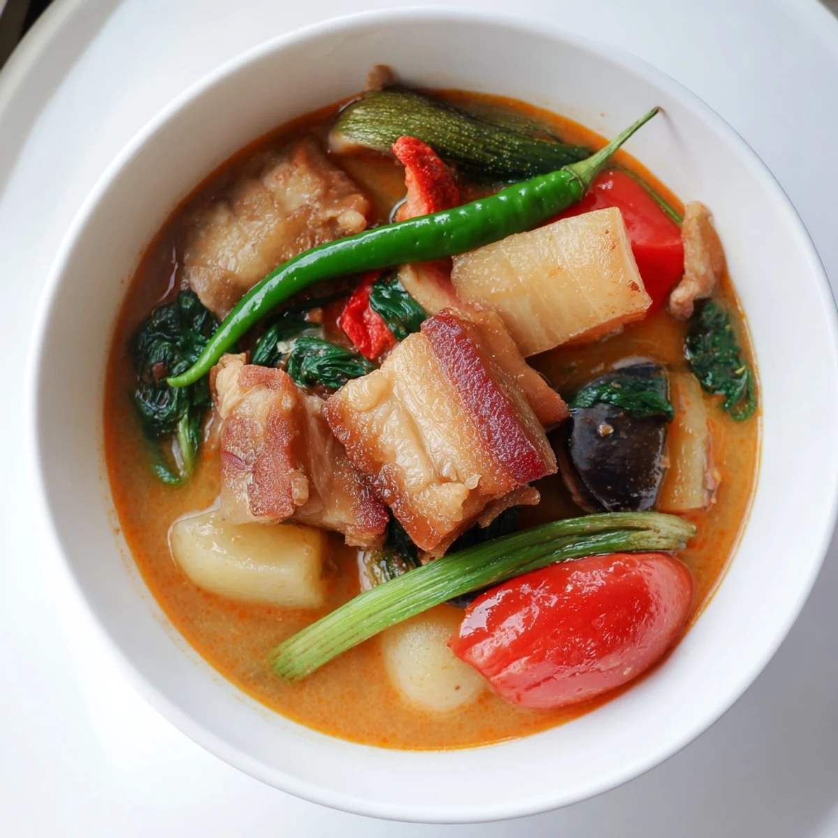 Steaming bowl of Filipino Sinigang sour soup with tender pork and fresh vegetables