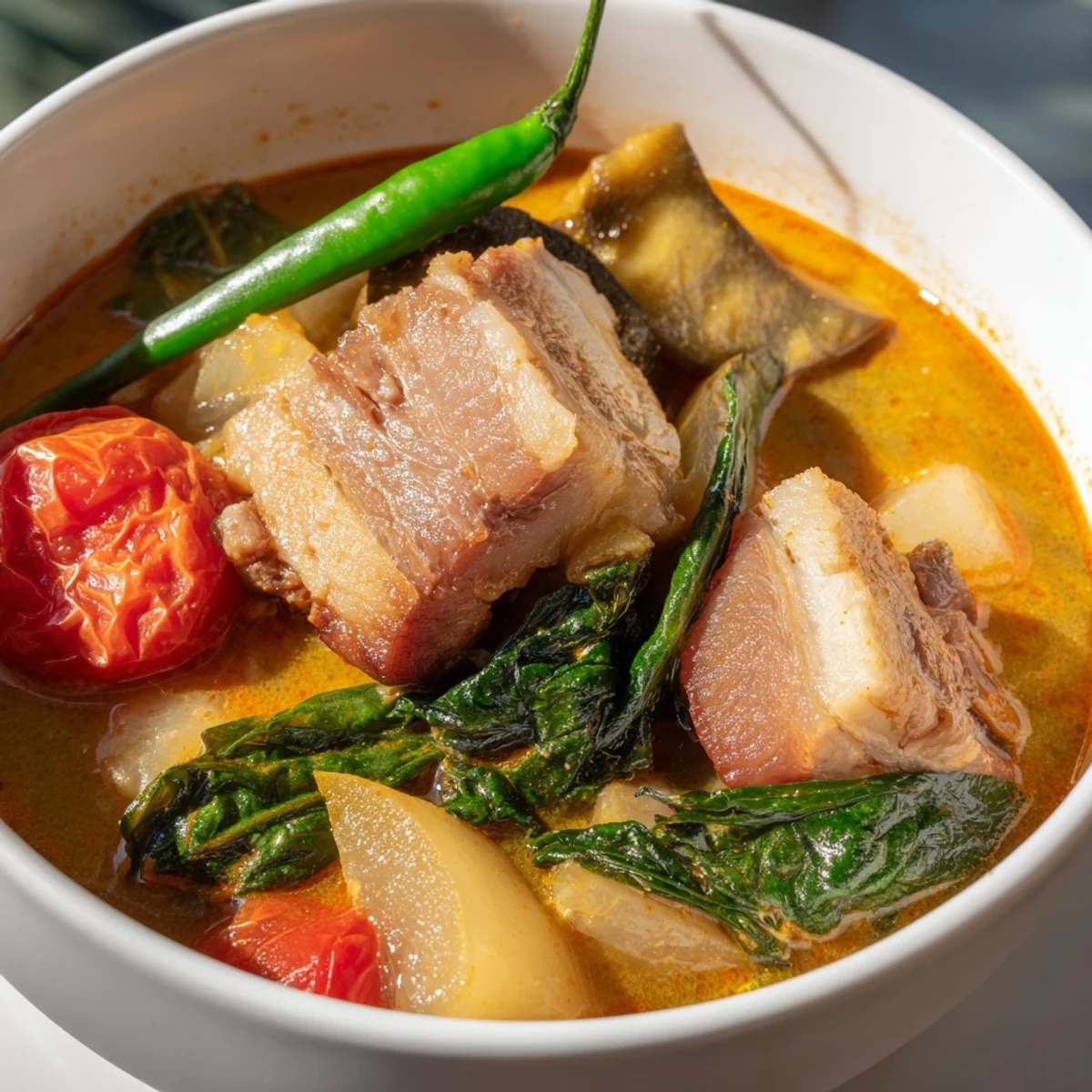 Filipino Sinigang sour soup brimming with radish, eggplant, and leafy greens