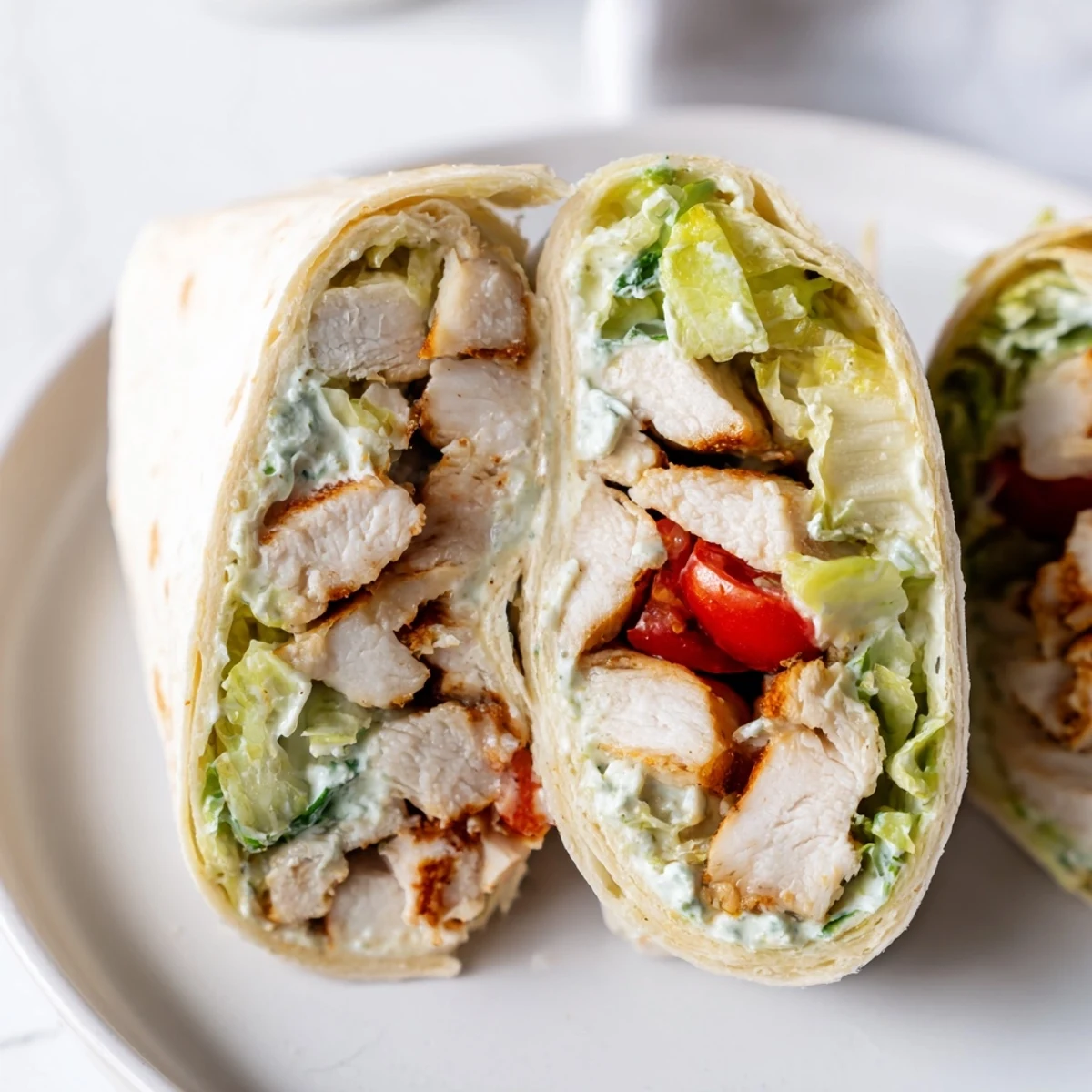 Golden grilled chicken Caesar wraps sliced in half showing crisp romaine and creamy dressing