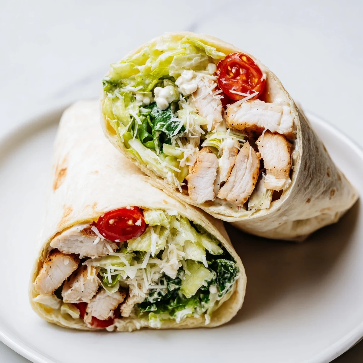 Tender sliced chicken Caesar wraps with fresh romaine lettuce and Parmesan in soft tortillas