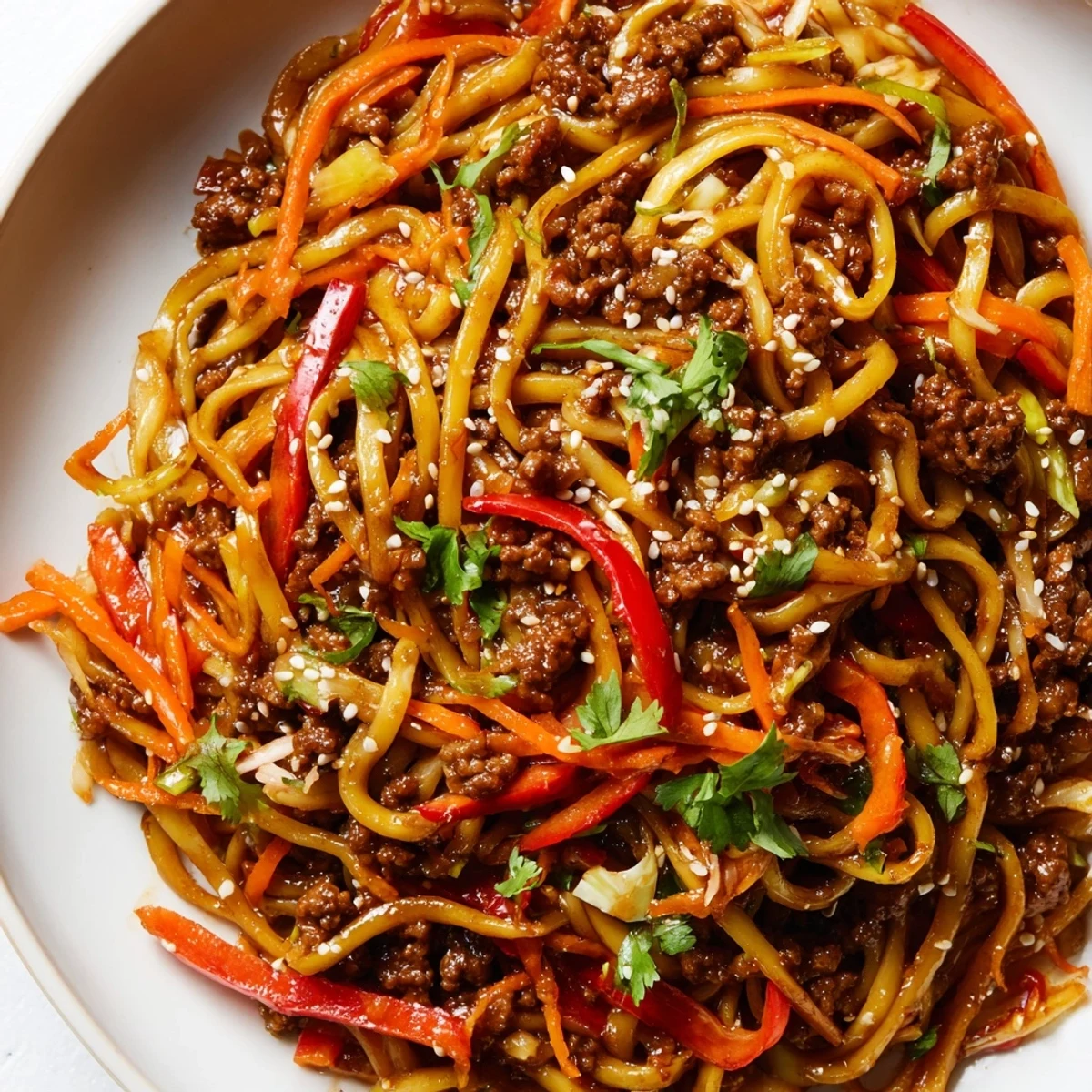 Asian ground beef noodles tossed with colorful vegetables in a savory sauce on a white plate