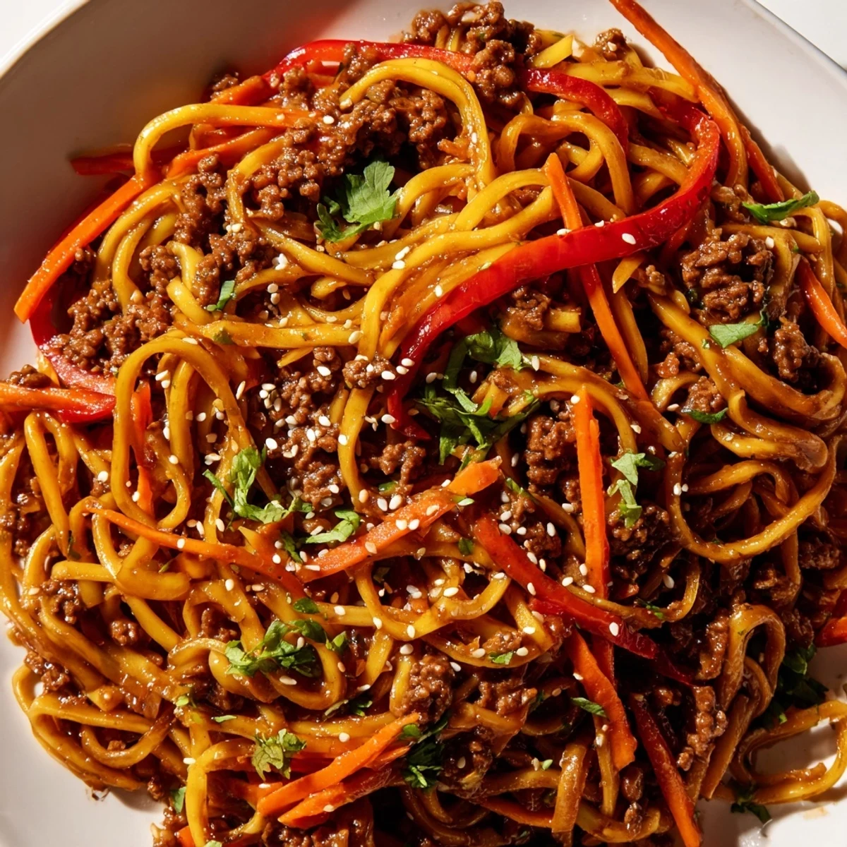 Steaming bowl of Asian ground beef noodles topped with sesame seeds and fresh green onions