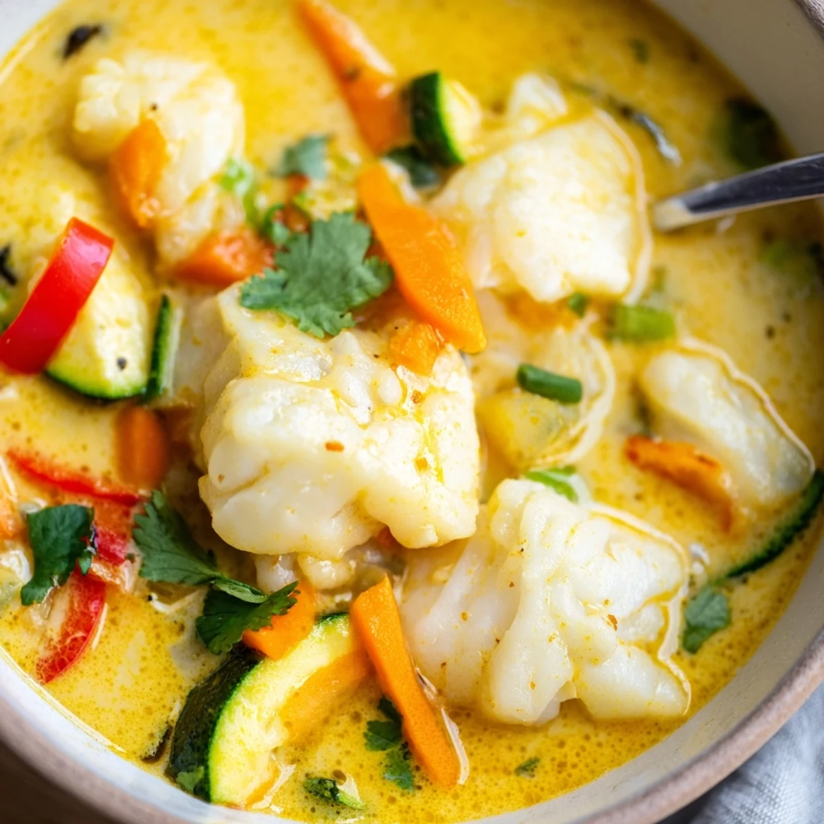 Creamy coconut white fish stew in golden broth with colorful vegetables and cilantro