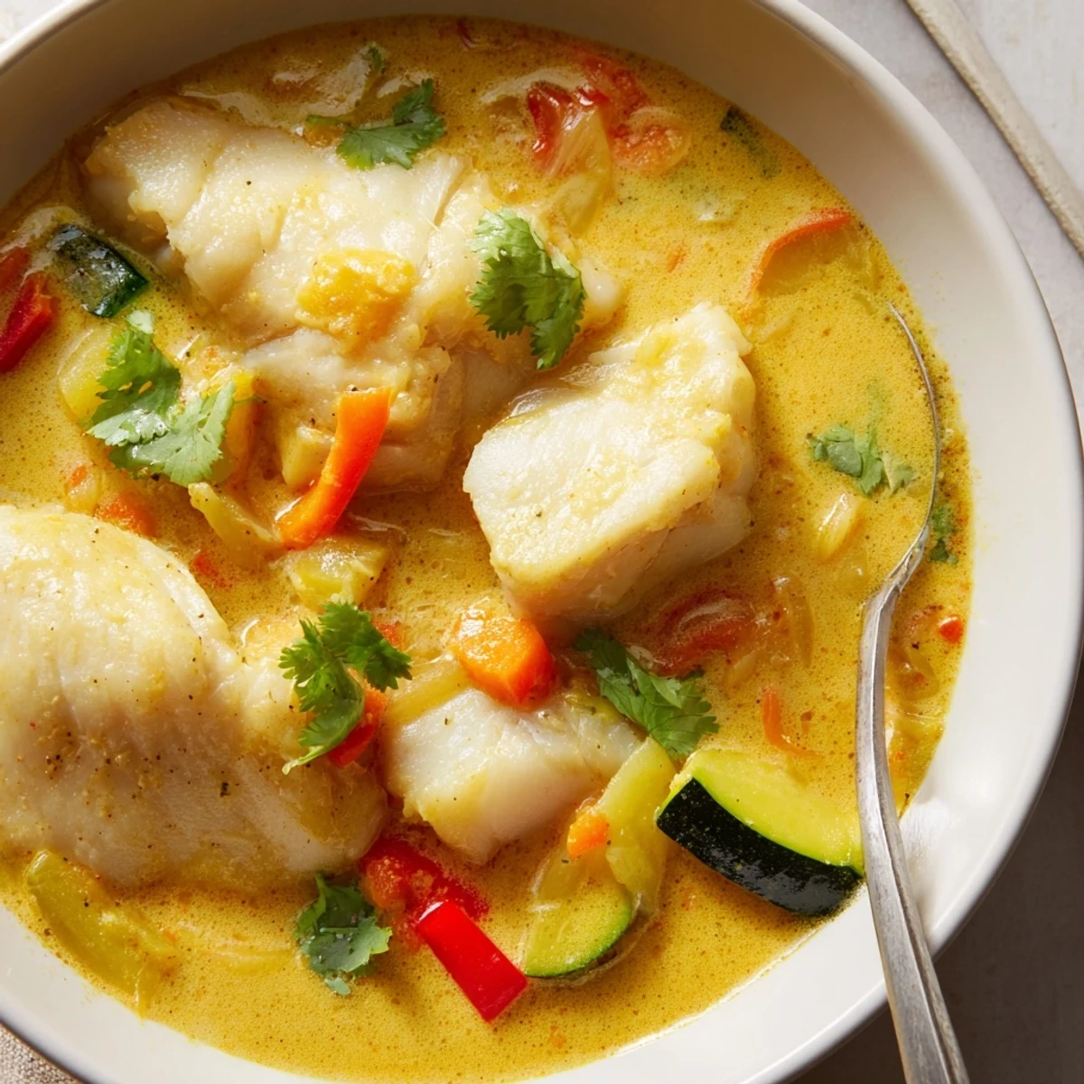 Tender fish chunks in rich coconut white fish stew with lime wedges and fresh herbs