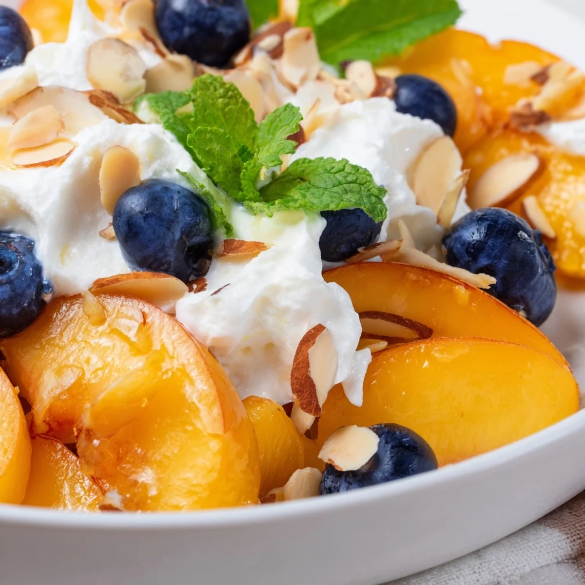 Creamy peaches and cream salad topped with fresh mint and sliced almonds in a glass bowl