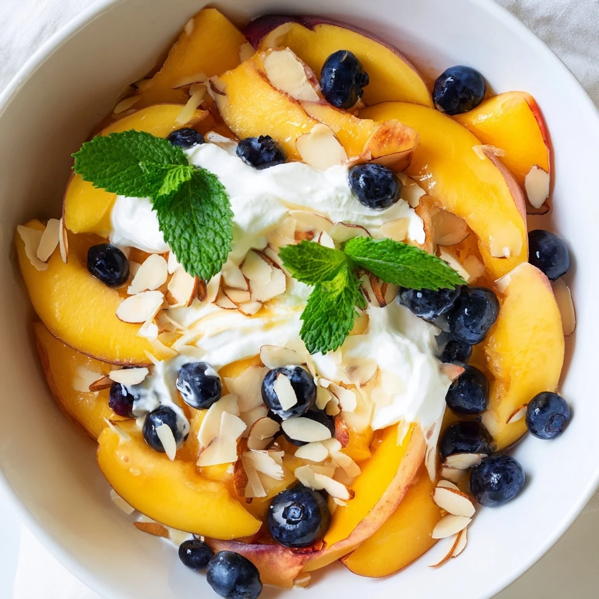 Sliced ripe peaches layered with fluffy vanilla whipped cream and blueberries for a summer dessert