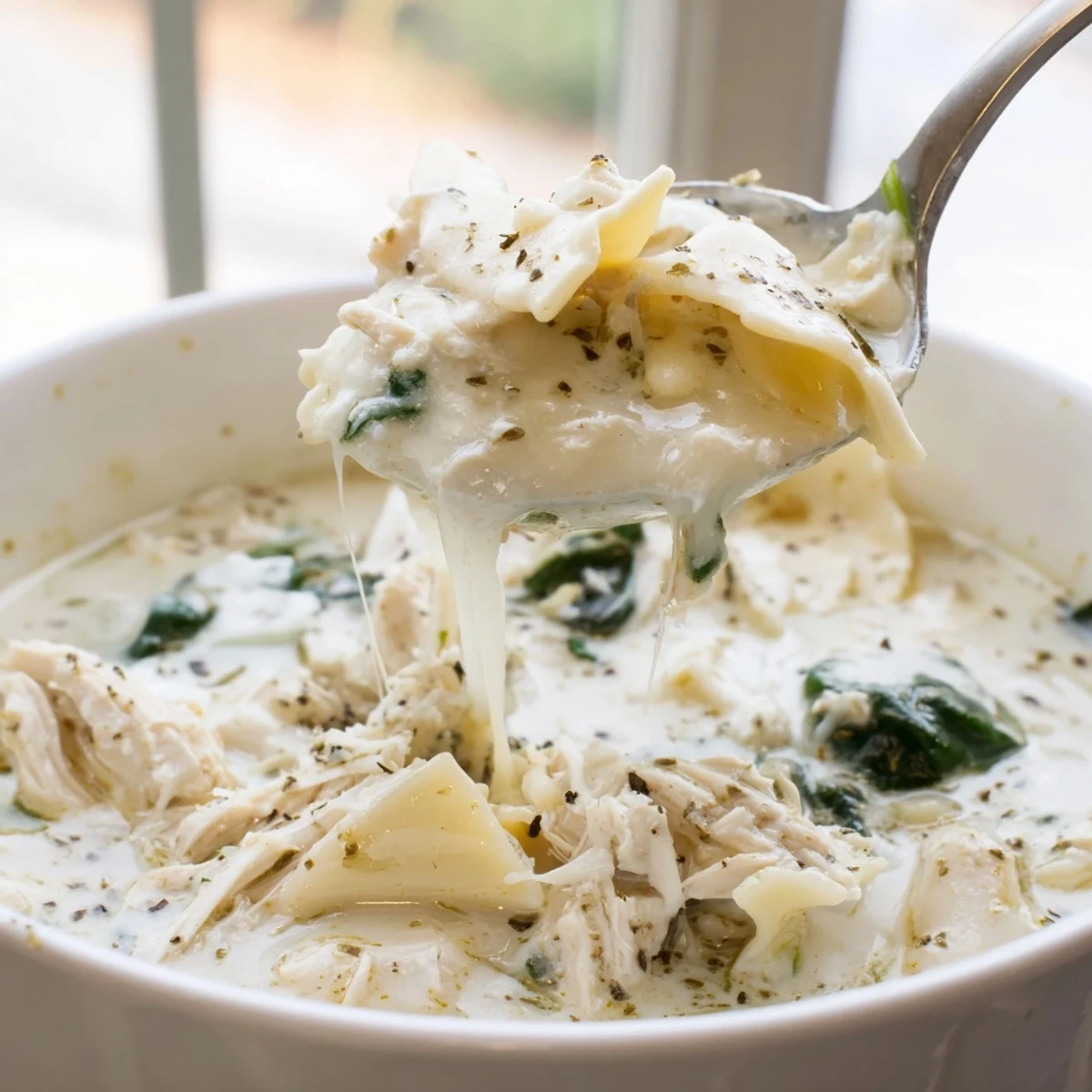 Creamy white lasagna soup in a white bowl with melted cheese and tender noodles