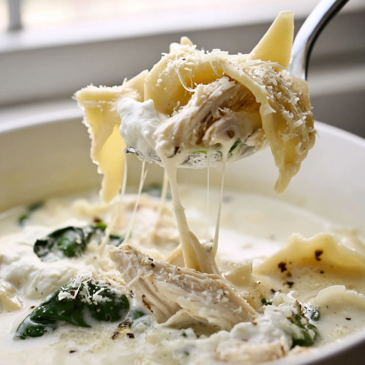Steaming bowl of quick white lasagna soup topped with shredded mozzarella and Parmesan