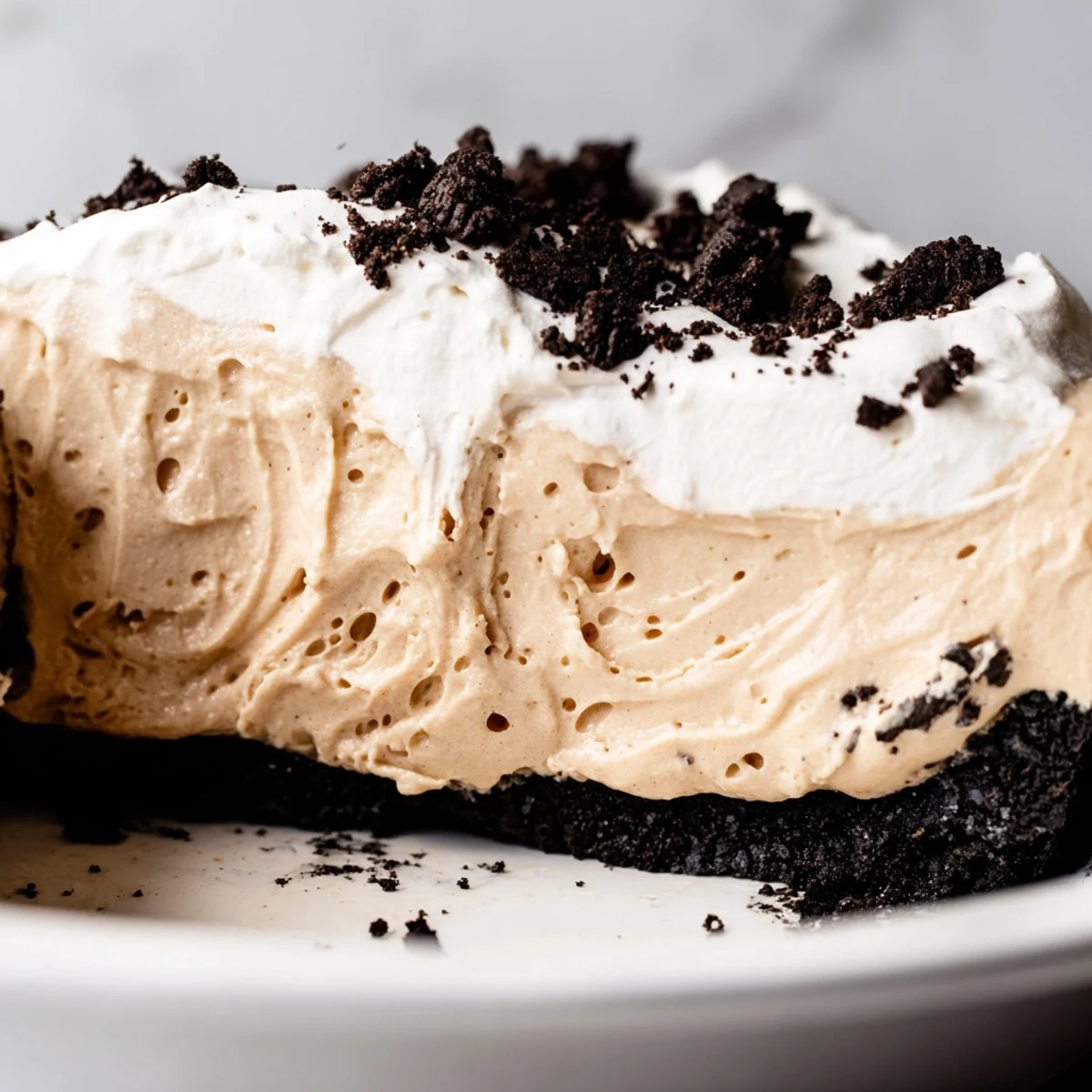 Rich peanut butter Oreo pie topped with billowy whipped cream and crushed cookie pieces