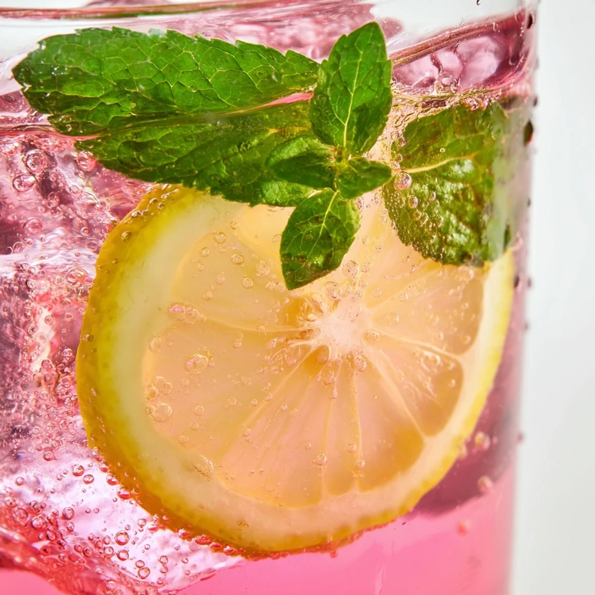 Refreshing honey lemon pink soda in ice-filled glasses garnished with lemon slices and fresh mint leaves