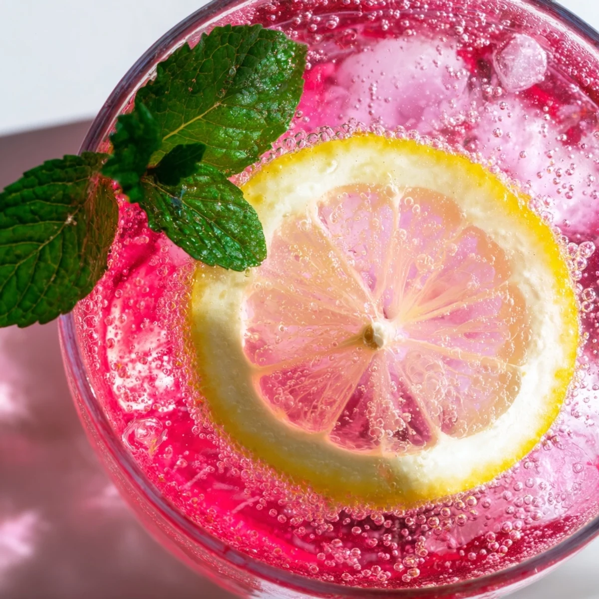 Sparkling pink lemonade spritzer with honey topped with bubbles and served over ice for summer