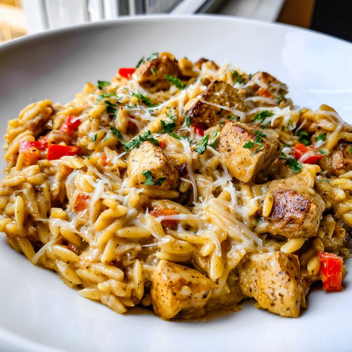 Creamy Cajun Chicken Alfredo Orzo in a skillet with tender chicken and peppers