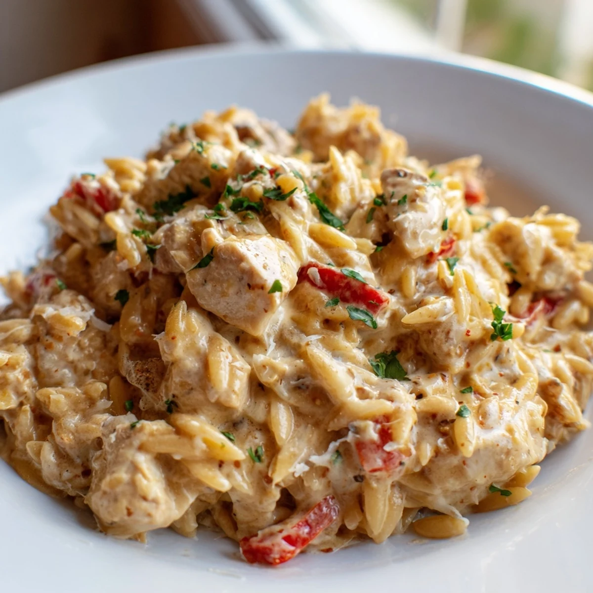 Golden brown chicken and orzo coated in spicy Cajun Alfredo cream sauce