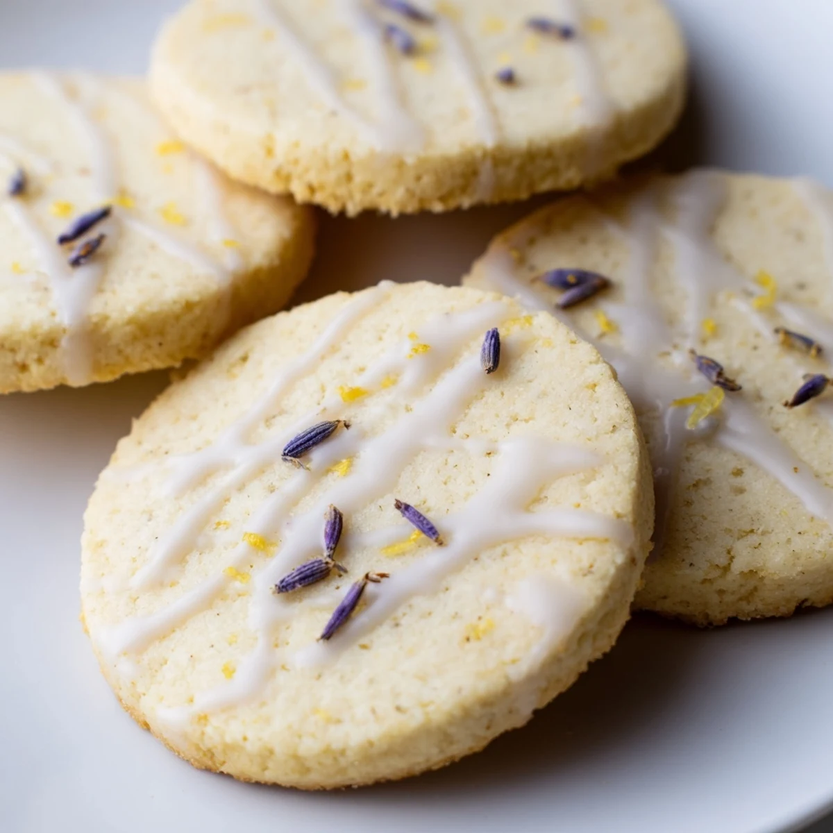 Golden lemon lavender shortbread cookies drizzled with sweet citrus icing on rustic white plate