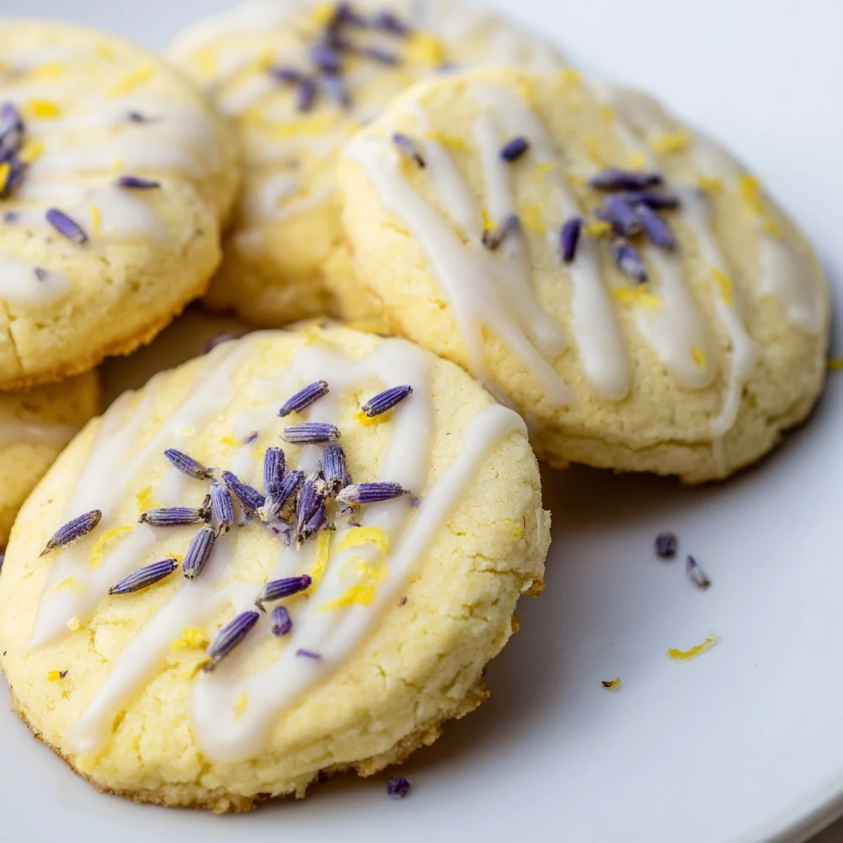 Buttery lemon lavender shortbread cookies with delicate icing arranged beside sprigs of fresh lavender
